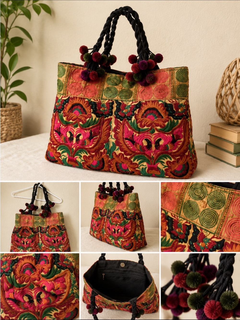 Embroidered Multicolor Women’s Tote Bag with Pom-Pom Handles